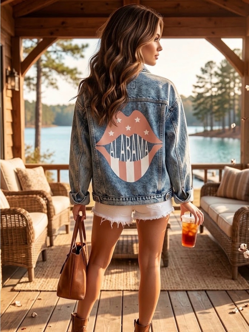 RIVALRY RUNWAY Alabama Light Pink Lips Denim Jacket